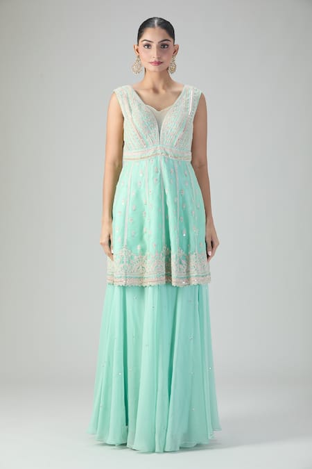 Varun Nidhika Blue Chiffon Embroidery, Sequins Sweetheart Neck Short Anarkali And Sharara Set Online at Aza Fashions Varun Nidhika_Blue Chiffon Embroidery, Sequins Sweetheart Neck Short Anarkali And Sharara Set _Online_at_Aza_Fashions