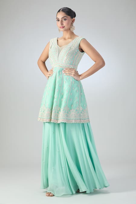 Buy Varun Nidhika Blue Chiffon Embroidery, Sequins Sweetheart Neck Short Anarkali And Sharara Set Online at Aza Fashions Buy_Varun Nidhika_Blue Chiffon Embroidery, Sequins Sweetheart Neck Short Anarkali And Sharara Set _Online_at_Aza_Fashions
