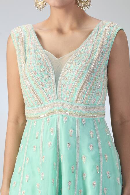 Shop Varun Nidhika Blue Chiffon Embroidery, Sequins Sweetheart Neck Short Anarkali And Sharara Set Online at Aza Fashions Shop_Varun Nidhika_Blue Chiffon Embroidery, Sequins Sweetheart Neck Short Anarkali And Sharara Set _Online_at_Aza_Fashions