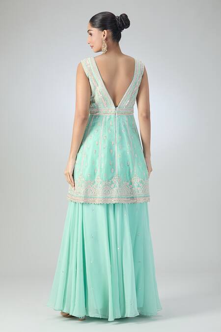 Shop Varun Nidhika Blue Chiffon Embroidery, Sequins Sweetheart Neck Short Anarkali And Sharara Set at Aza Fashions Shop_Varun Nidhika_Blue Chiffon Embroidery, Sequins Sweetheart Neck Short Anarkali And Sharara Set _at_Aza_Fashions