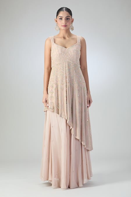 Varun Nidhika_Peach Chiffon Embroidery, Beads Sweetheart Neck Asymmetric Kurta Sharara Set_Online_at_Aza_Fashions