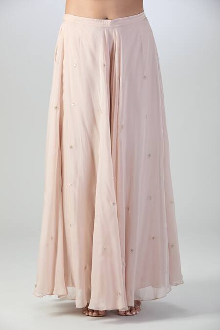 Buy_Varun Nidhika_Peach Chiffon Embroidery, Beads Sweetheart Neck Asymmetric Kurta Sharara Set_Online_at_Aza_Fashions