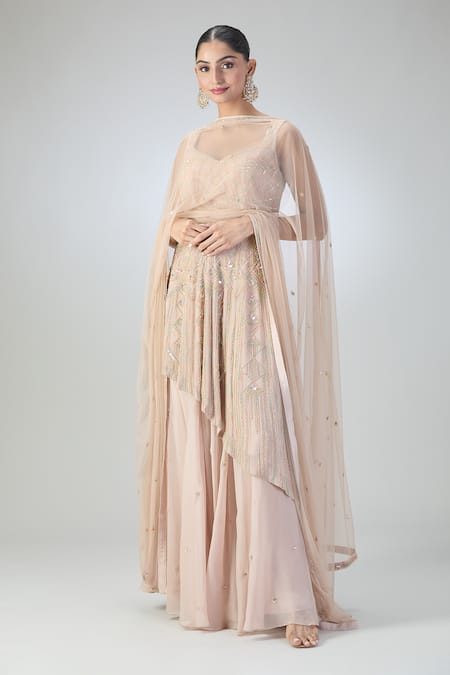 Shop_Varun Nidhika_Peach Chiffon Embroidery, Beads Sweetheart Neck Asymmetric Kurta Sharara Set_Online_at_Aza_Fashions