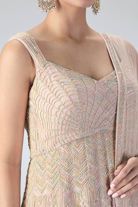 Varun Nidhika_Peach Chiffon Embroidery, Beads Sweetheart Neck Asymmetric Kurta Sharara Set_at_Aza_Fashions