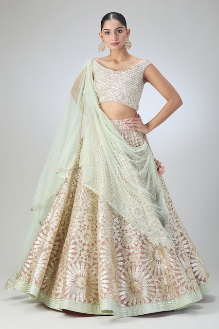 VARUN NIDHIKA Pink Embroidered Metallic Geometric Boat Lehenga Set 