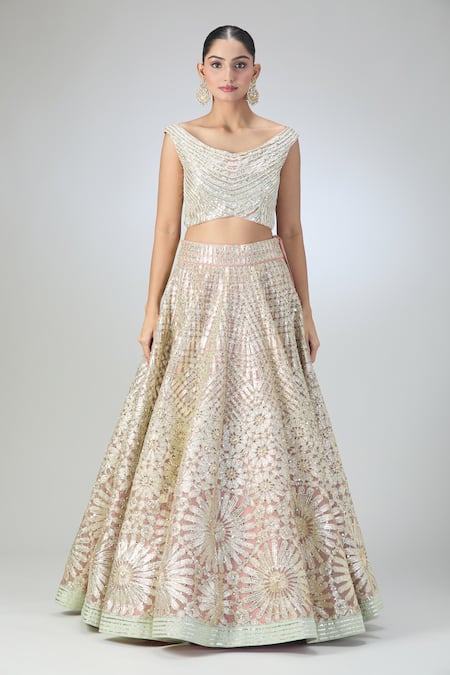 Varun Nidhika Pink Chiffon, Silk Embroidery, Sequins Boat Neck Metallic Lehenga Set Online at Aza Fashions Varun Nidhika_Pink Chiffon, Silk Embroidery, Sequins Boat Neck Metallic Lehenga Set_Online_at_Aza_Fashions