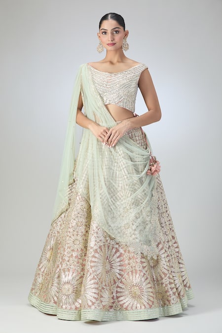 Buy Varun Nidhika Pink Chiffon, Silk Embroidery, Sequins Boat Neck Metallic Lehenga Set Online at Aza Fashions Buy_Varun Nidhika_Pink Chiffon, Silk Embroidery, Sequins Boat Neck Metallic Lehenga Set_Online_at_Aza_Fashions