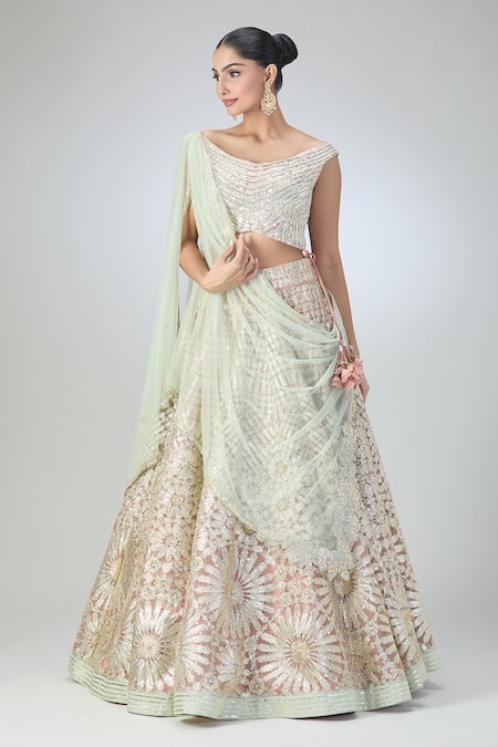 Shop Varun Nidhika Pink Chiffon, Silk Embroidery, Sequins Boat Neck Metallic Lehenga Set Online at Aza Fashions Shop_Varun Nidhika_Pink Chiffon, Silk Embroidery, Sequins Boat Neck Metallic Lehenga Set_Online_at_Aza_Fashions