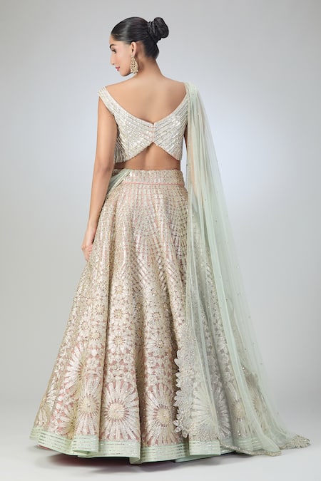 Shop Varun Nidhika Pink Chiffon, Silk Embroidery, Sequins Boat Neck Metallic Lehenga Set at Aza Fashions Shop_Varun Nidhika_Pink Chiffon, Silk Embroidery, Sequins Boat Neck Metallic Lehenga Set_at_Aza_Fashions