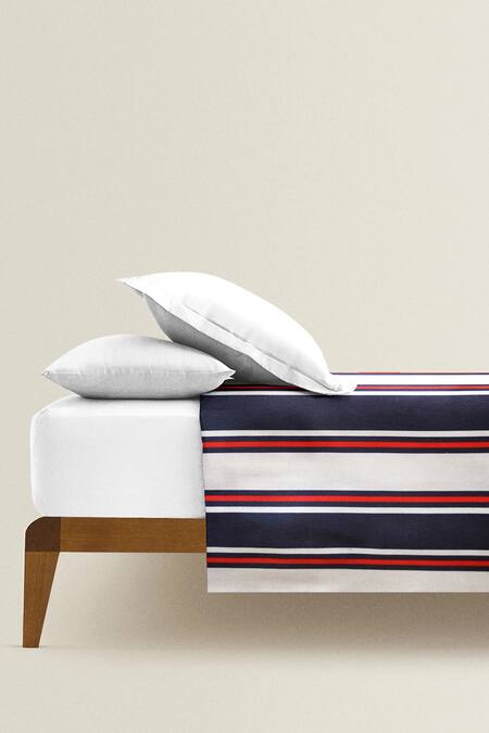 Shop_The Baby Atelier_Blue Organic Cotton Stripe Print Junior Bed Cover_at_Aza_Fashions