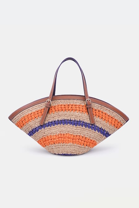 Shop_Versuhz_Beige Leather Trimmed Raffia Tote Bag _at_Aza_Fashions