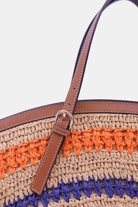Versuhz_Beige Leather Trimmed Raffia Tote Bag _Online_at_Aza_Fashions