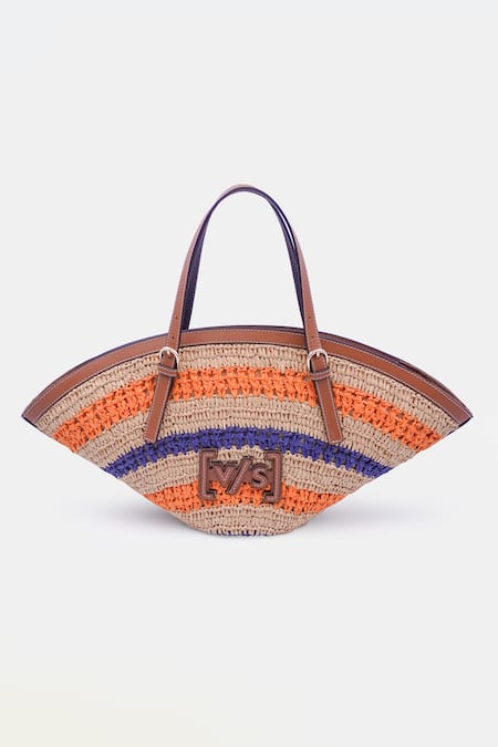 Buy_Versuhz_Beige Leather Trimmed Raffia Tote Bag _Online_at_Aza_Fashions