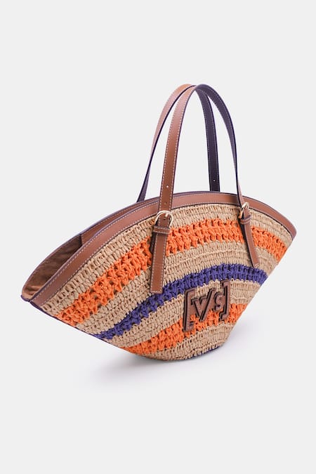 Shop_Versuhz_Beige Leather Trimmed Raffia Tote Bag _Online_at_Aza_Fashions
