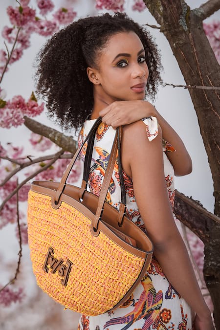 VERSUHZ Yellow Leather Trimmed Raffia Woven Basket Bag 