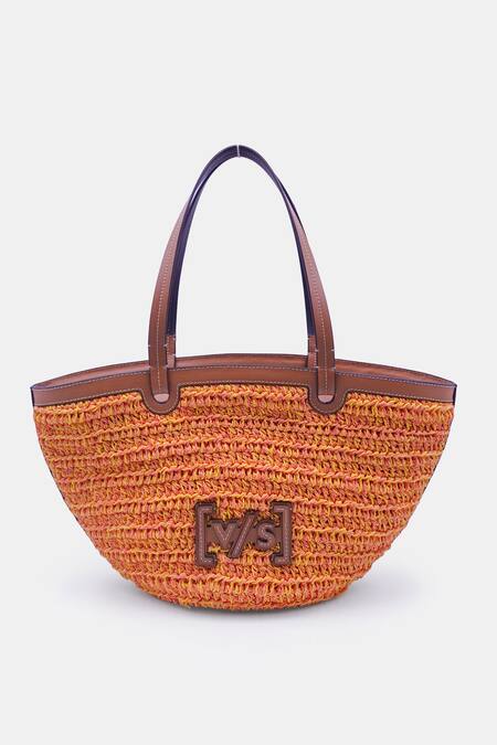 Shop_Versuhz_Yellow Leather Trimmed Raffia Woven Basket Bag_at_Aza_Fashions