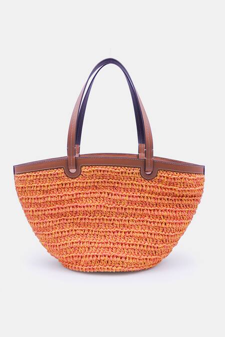 Versuhz_Yellow Leather Trimmed Raffia Woven Basket Bag_Online_at_Aza_Fashions