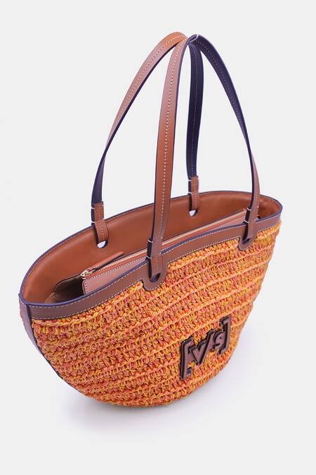 Buy_Versuhz_Yellow Leather Trimmed Raffia Woven Basket Bag_Online_at_Aza_Fashions