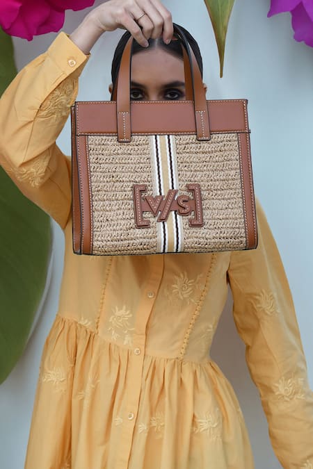 VERSUHZ Beige Leather Trimmed Raffia Tote Bag 