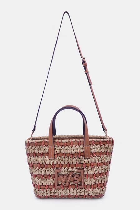 Shop_Versuhz_Beige Leather And Raffia Woven Tote Bag _at_Aza_Fashions