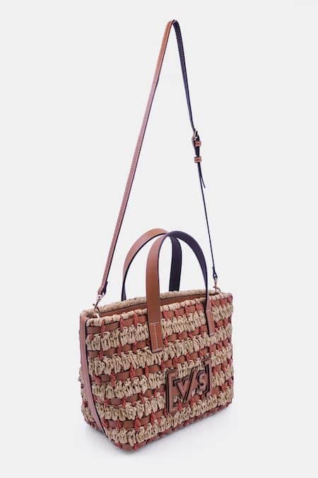 Versuhz_Beige Leather And Raffia Woven Tote Bag _Online_at_Aza_Fashions