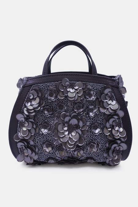 Shop_Versuhz_Black Sequin 3d Flower Embellished Clutch _at_Aza_Fashions