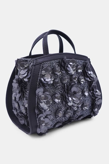 Versuhz_Black Sequin 3d Flower Embellished Clutch _Online_at_Aza_Fashions