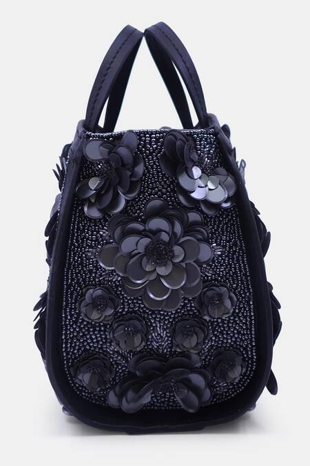 Buy_Versuhz_Black Sequin 3d Flower Embellished Clutch _Online_at_Aza_Fashions