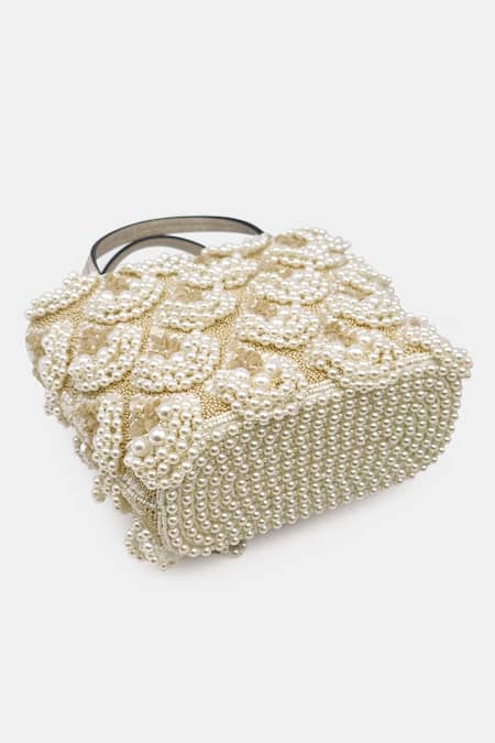 Shop_Versuhz_Cream Pearl Embroidered Bucket Bag _at_Aza_Fashions