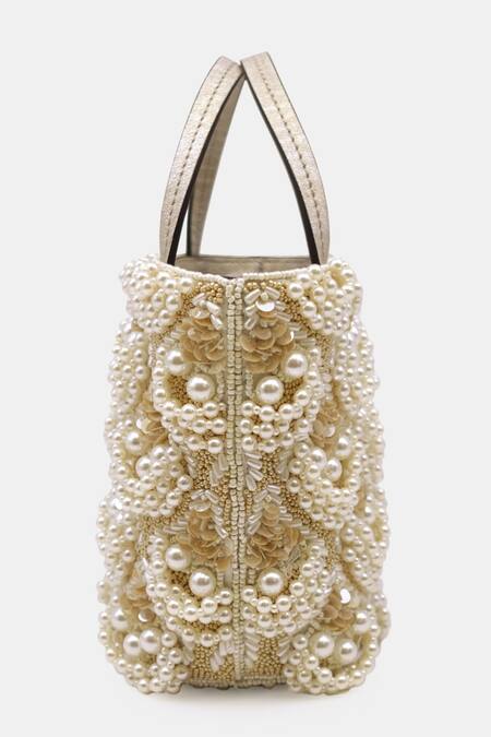 Versuhz_Cream Pearl Embroidered Bucket Bag _Online_at_Aza_Fashions