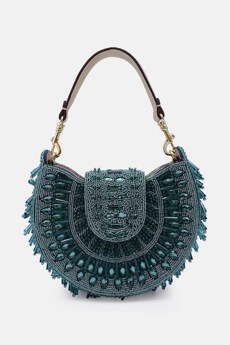 Shop_Versuhz_Emerald Green Glass And Stone Embellished Clutch _at_Aza_Fashions