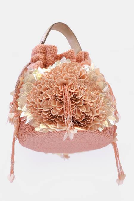 Shop Versuhz Peach 3d Flower Applique Hand Embroidered Potli at Aza Fashions Shop_Versuhz_Peach 3d Flower Applique Hand Embroidered Potli_at_Aza_Fashions