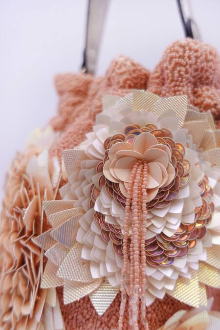 Versuhz Peach 3d Flower Applique Hand Embroidered Potli Online at Aza Fashions Versuhz_Peach 3d Flower Applique Hand Embroidered Potli_Online_at_Aza_Fashions