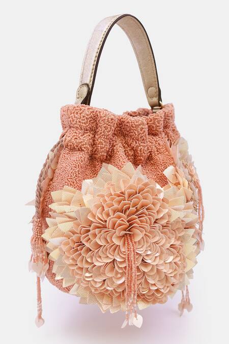 Shop Versuhz Peach 3d Flower Applique Hand Embroidered Potli Online at Aza Fashions Shop_Versuhz_Peach 3d Flower Applique Hand Embroidered Potli_Online_at_Aza_Fashions