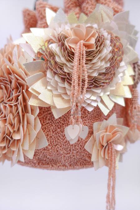 Versuhz Peach 3d Flower Applique Hand Embroidered Potli at Aza Fashions Versuhz_Peach 3d Flower Applique Hand Embroidered Potli_at_Aza_Fashions