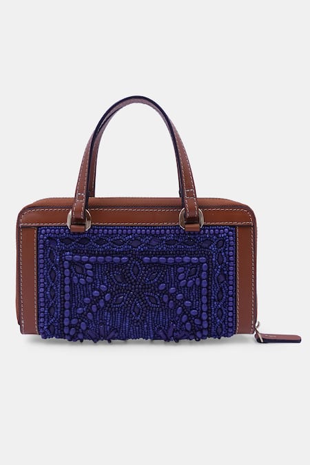 Shop_Versuhz_Blue Stitchline Thread Bead Embellished Wallet _at_Aza_Fashions