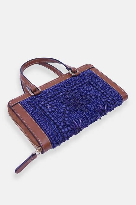 Versuhz_Blue Stitchline Thread Bead Embellished Wallet _at_Aza_Fashions