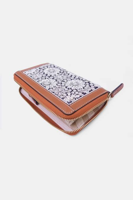 Versuhz_Brown Bead Leather Trimmed Embellished Zip Around Wallet_Online_at_Aza_Fashions