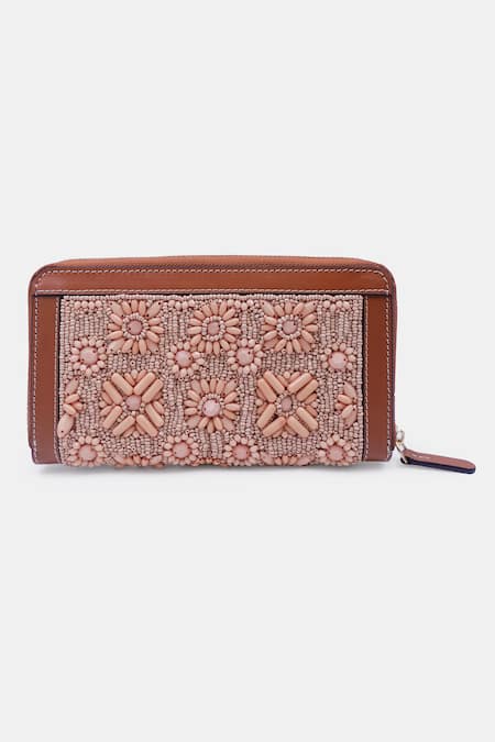 Shop_Versuhz_Peach Bead Hand Embroidered Leather Zip Around Wallet_at_Aza_Fashions