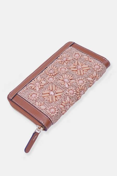 Buy_Versuhz_Peach Bead Hand Embroidered Leather Zip Around Wallet_Online_at_Aza_Fashions