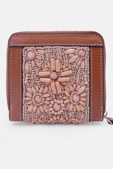 Shop Versuhz Peach Bead Embroidered Small Compact Zip Around Wallet at Aza Fashions Shop_Versuhz_Peach Bead Embroidered Small Compact Zip Around Wallet_at_Aza_Fashions