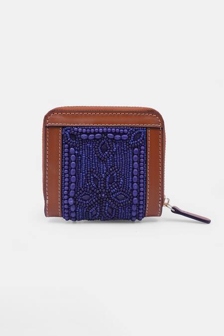Shop Versuhz Blue Bead Embellished Small Compact Zip Around Wallet at Aza Fashions Shop_Versuhz_Blue Bead Embellished Small Compact Zip Around Wallet_at_Aza_Fashions