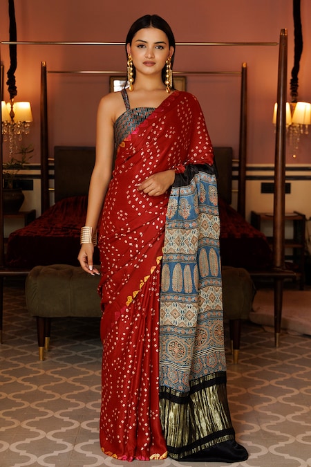 Geroo Jaipur Red Modal Silk Printed Ajrakh Pallu Saree With Unstitched Blouse Piece