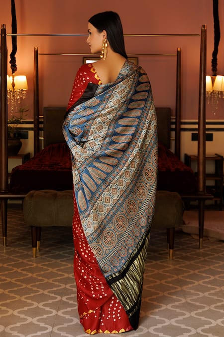 Geroo Jaipur Ajrakh Print Pallu Saree With Unstitched Blouse Piece 