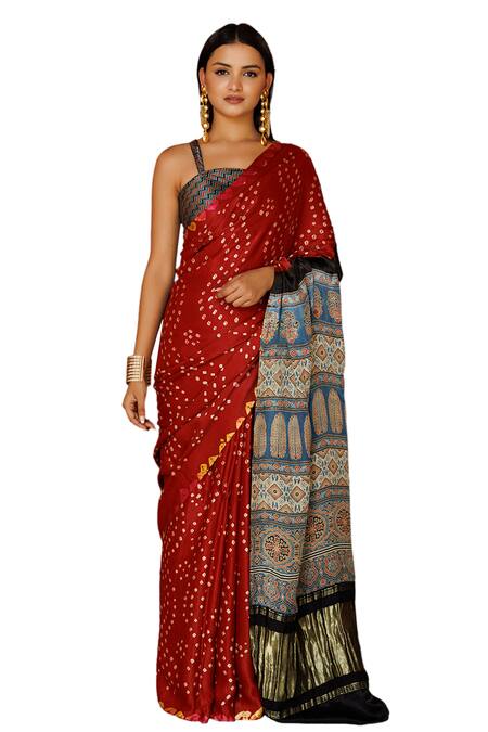 Geroo Jaipur Red Modal, Silk Zari, Ajrakh Print Pallu Saree With Unstitched Blouse Piece Online at Aza Fashions Geroo Jaipur_Red Modal, Silk Zari, Ajrakh Print Pallu Saree With Unstitched Blouse Piece_Online_at_Aza_Fashions