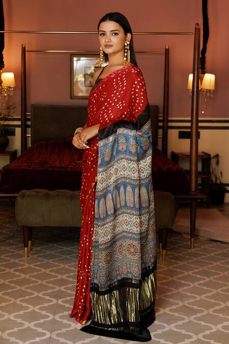 Buy Geroo Jaipur Red Modal, Silk Zari, Ajrakh Print Pallu Saree With Unstitched Blouse Piece Online at Aza Fashions Buy_Geroo Jaipur_Red Modal, Silk Zari, Ajrakh Print Pallu Saree With Unstitched Blouse Piece_Online_at_Aza_Fashions