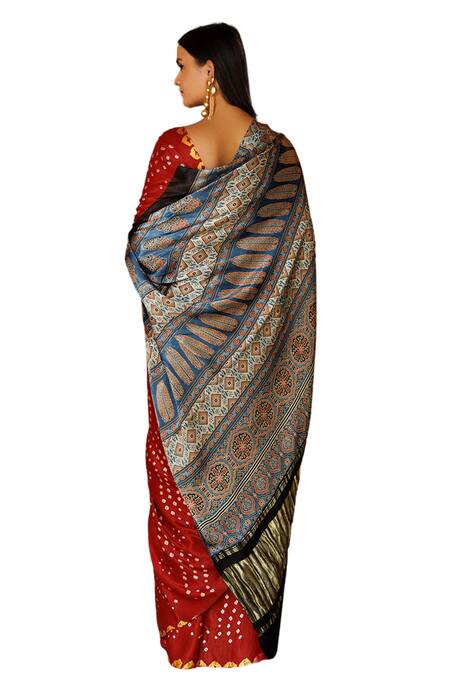 Geroo Jaipur Red Modal, Silk Zari, Ajrakh Print Pallu Saree With Unstitched Blouse Piece at Aza Fashions Geroo Jaipur_Red Modal, Silk Zari, Ajrakh Print Pallu Saree With Unstitched Blouse Piece_at_Aza_Fashions