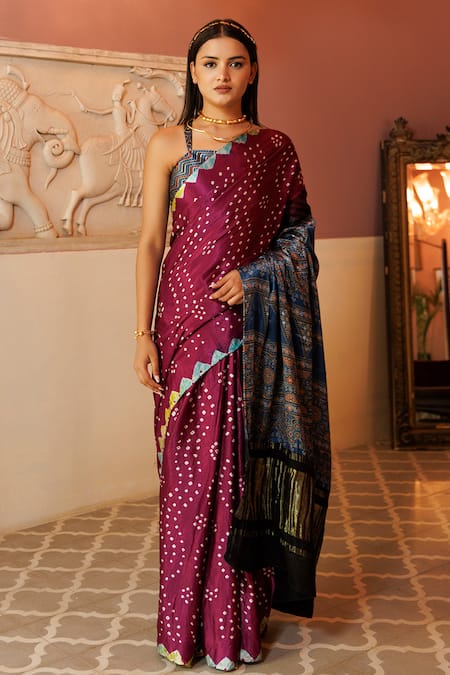 Shop_Geroo Jaipur_Purple Modal, Silk Wave Bandhani Pattern Saree With Unstitched Blouse Piece _Online_at_Aza_Fashions