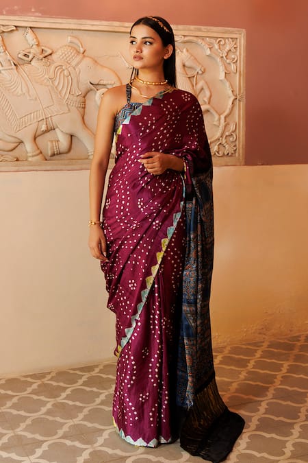 Geroo Jaipur_Purple Modal, Silk Wave Bandhani Pattern Saree With Unstitched Blouse Piece _at_Aza_Fashions