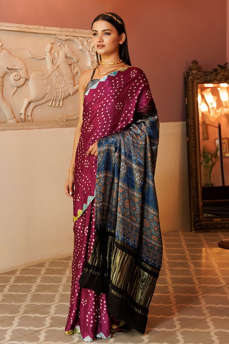 Buy_Geroo Jaipur_Purple Modal, Silk Wave Bandhani Pattern Saree With Unstitched Blouse Piece 